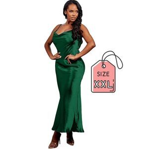 💚 NEW Satin Silky Sexy Cowl Neck Backless Tie Strap Mermaid Green Dress XXL